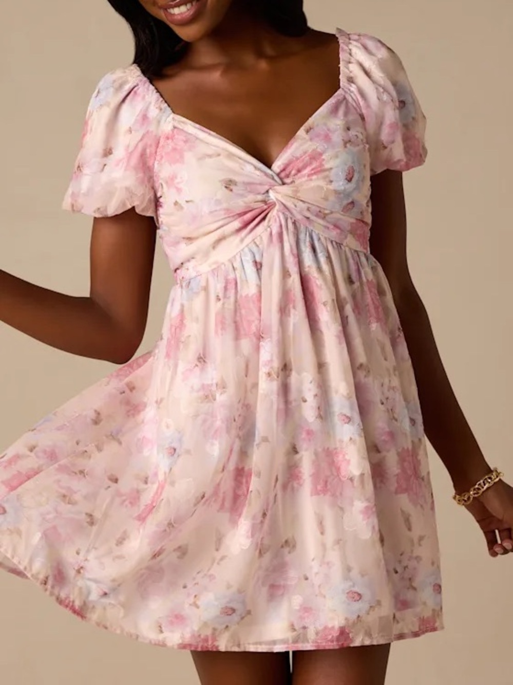 Floral Puff-Sleeve Dress - Cream & Pink